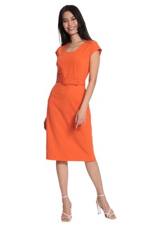 Maggy London Women's Petite Square Neck Cap Sleeve Belted Dress with Pencil Skirt