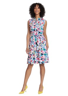 Maggy London Women's Plus Size Leaf Printed Sleeveless Shirt Dress with Pleated Bodice and Waist Tie  18W