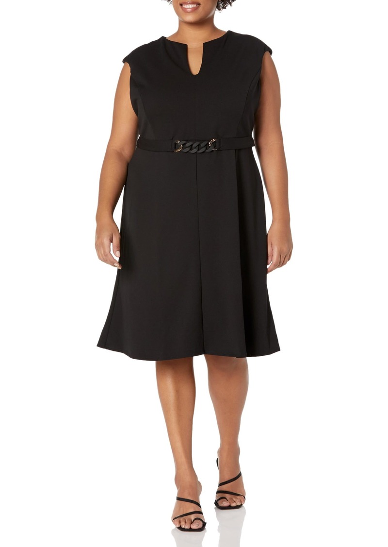 Maggy London Women's Plus Size Notch Mock Neck Fit and Flare Crepe Dress Cap SLV-Black