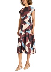 Maggy London Women's Printed Crewneck Cap Sleeve Midi Dress - Crm/brown