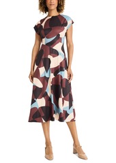 Maggy London Women's Printed Crewneck Cap Sleeve Midi Dress - Crm/brown