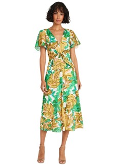 Maggy London Women's Printed Flutter-Sleeve Fit & Flare Dress - Soft White/golden Olive