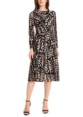 Maggy London Women's Printed Long-Sleeve Pleated Dress - Blk/peach