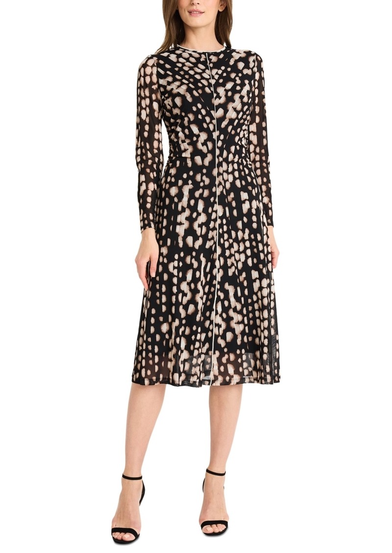 Maggy London Women's Printed Long-Sleeve Pleated Dress - Blk/peach