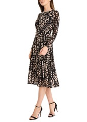 Maggy London Women's Printed Long-Sleeve Pleated Dress - Blk/peach