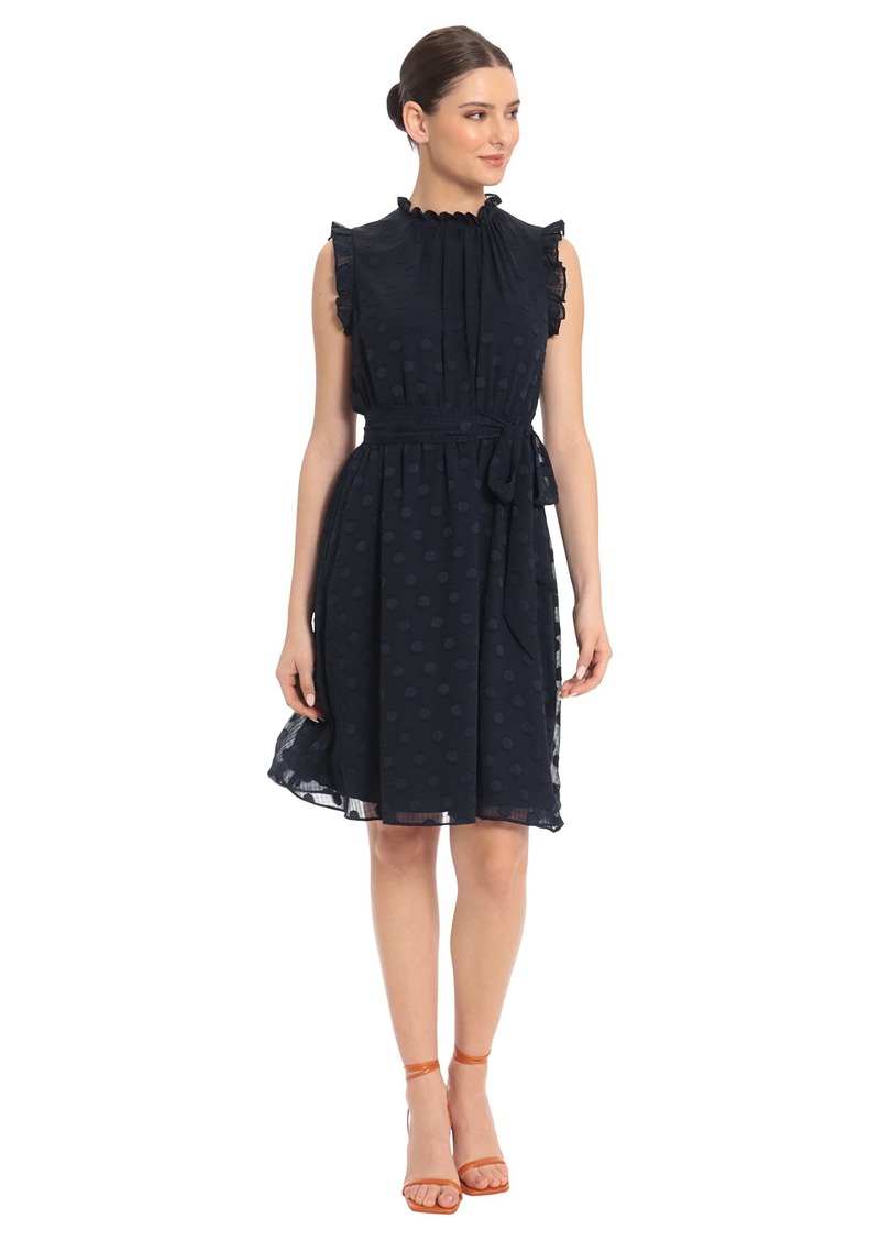 Maggy London Women's Ruffle Neck and Arm Dress with Waist Tie