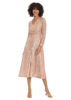 Maggy London Women's Sequin V-Neck Midi Dress with Shirring at Bodice