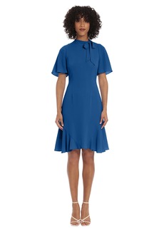 Maggy London Women's Short Sleeve Dress with Mock Neck Tie and Flutter Godets in Above The Knee Skirt