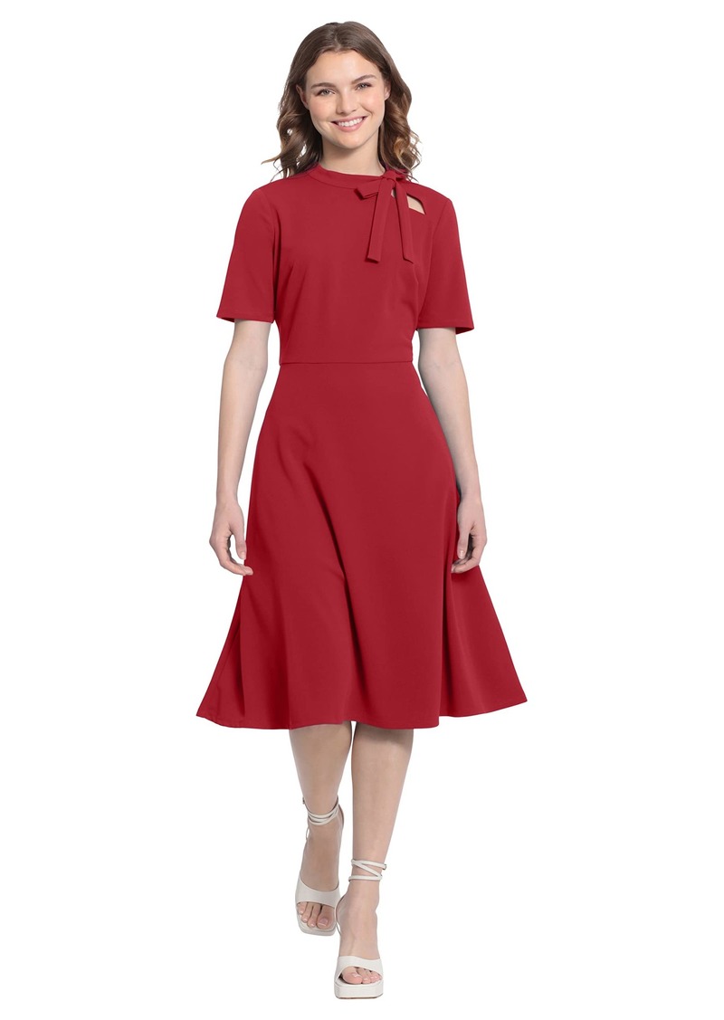 Maggy London Women's Short Sleeve Fit and Flare Scuba Crepe Dress Tie Neck-Scarlet Sage