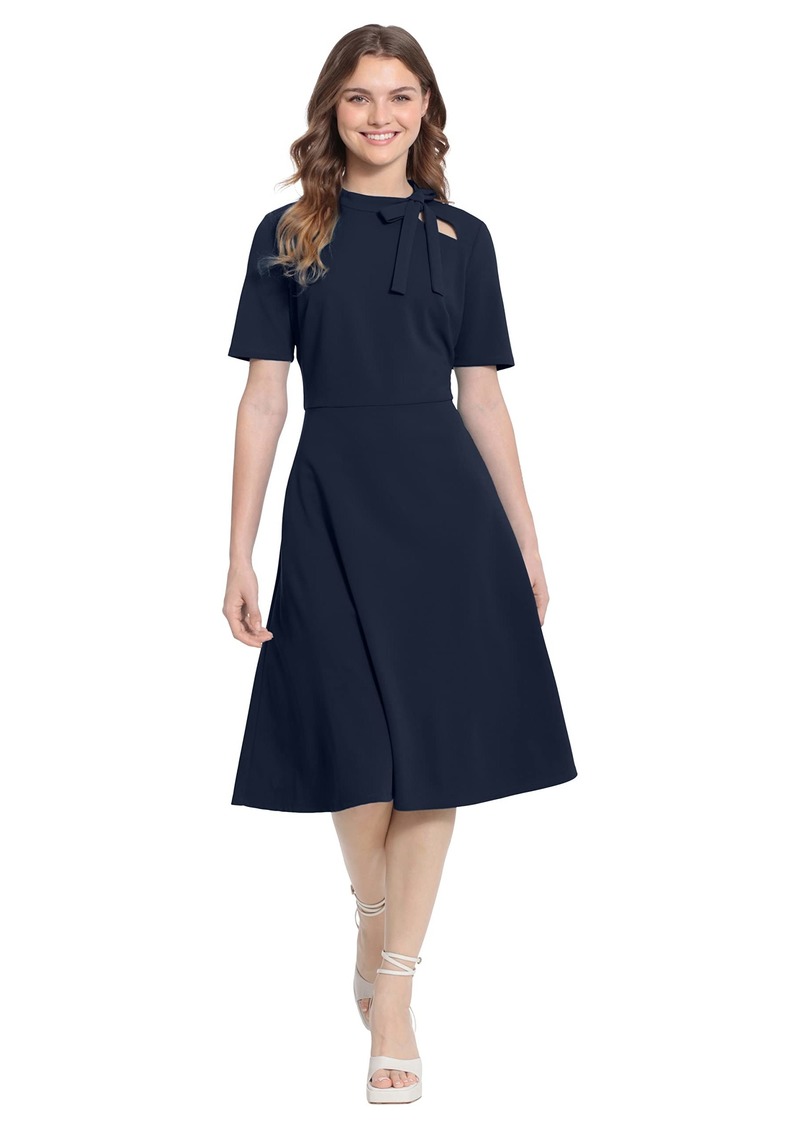 Maggy London Women's Short Sleeve Fit and Flare Scuba Crepe Dress Tie Neck-Twilight Navy