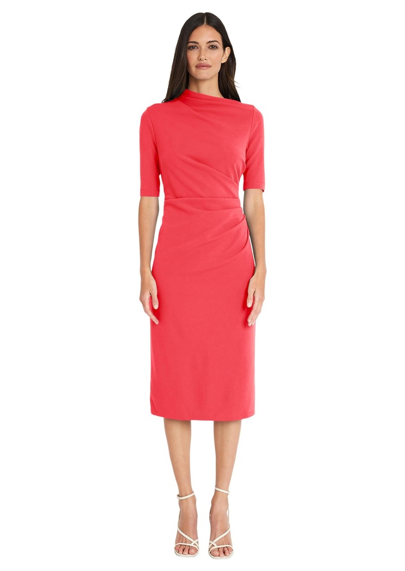 Maggy London Women's Side Pleat Dress with Asymmetric Neck and Elbow Sleeves