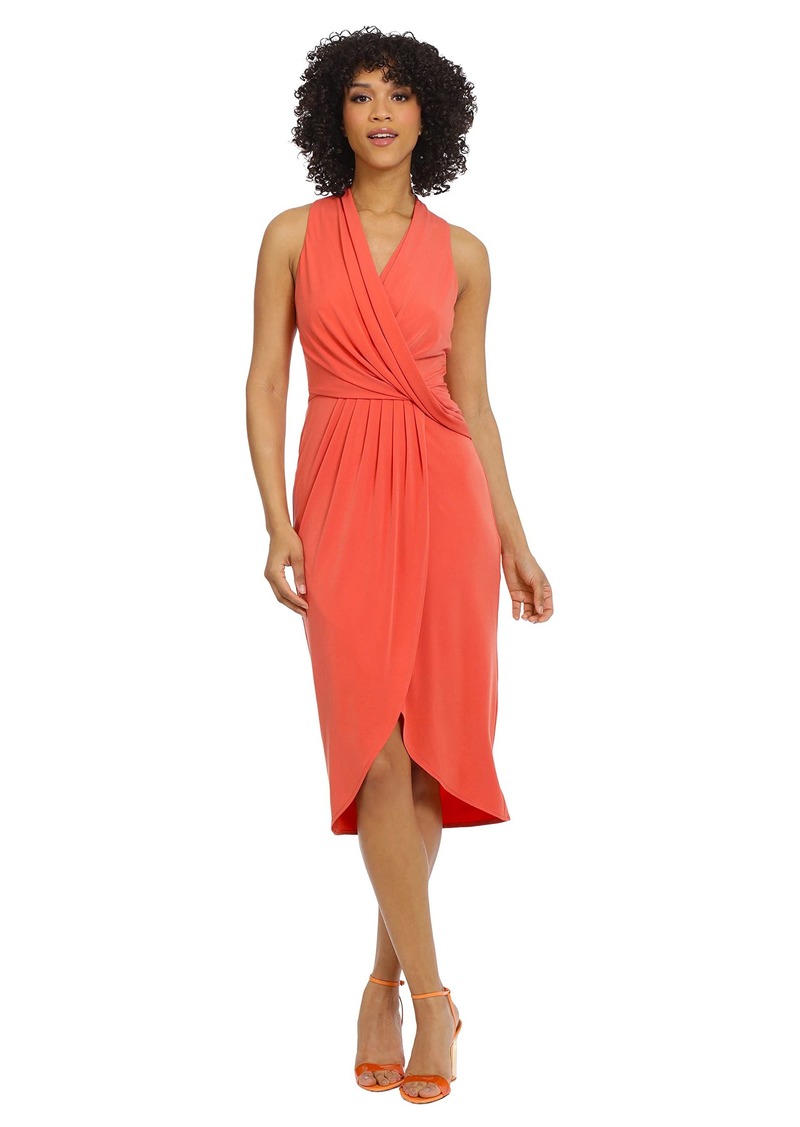 Maggy London Women's Sleek and Sophisticated Draped Bodice Wrap Look High Low Sheath Dress