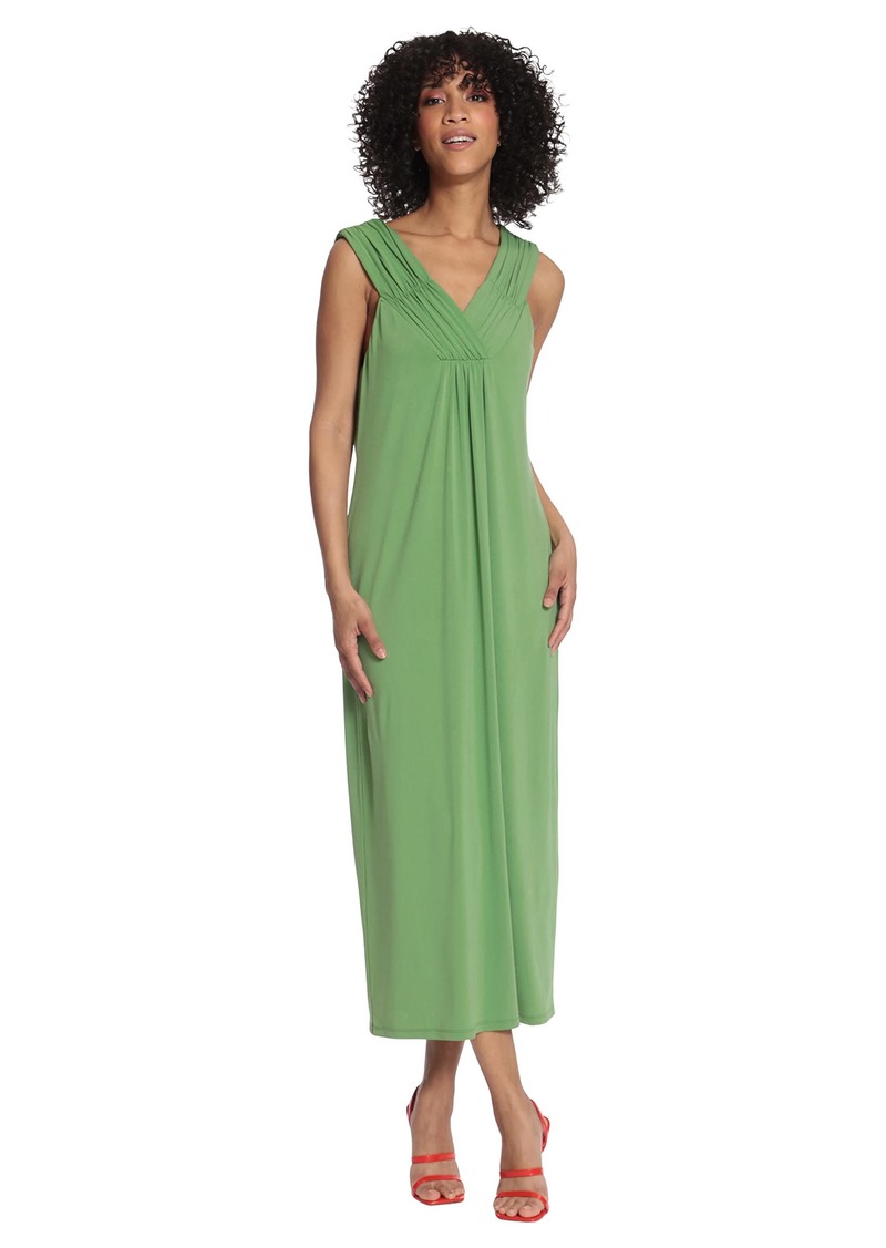 Maggy London Women's Sleeveless Pleat Tuck V-Neck Maxi Dress