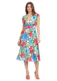 Maggy London Women's Plus Size Sleeveless V-Neck Floral Printed Ribbon Stripe Dress Day Party Event Date Guest of