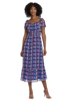 Maggy London Women's Smocked Waist Peasant Midi Dress Casual Date Night Out Guest of
