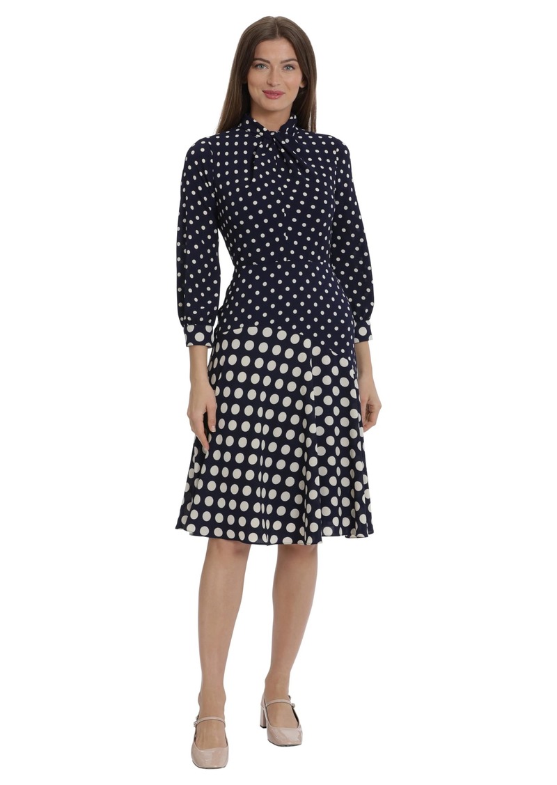 Maggy London Women's Sophisticated Twist Neck Detail Dress Workwear Office Career Occasion Event Guest of Polka Dot-Navy/Bone