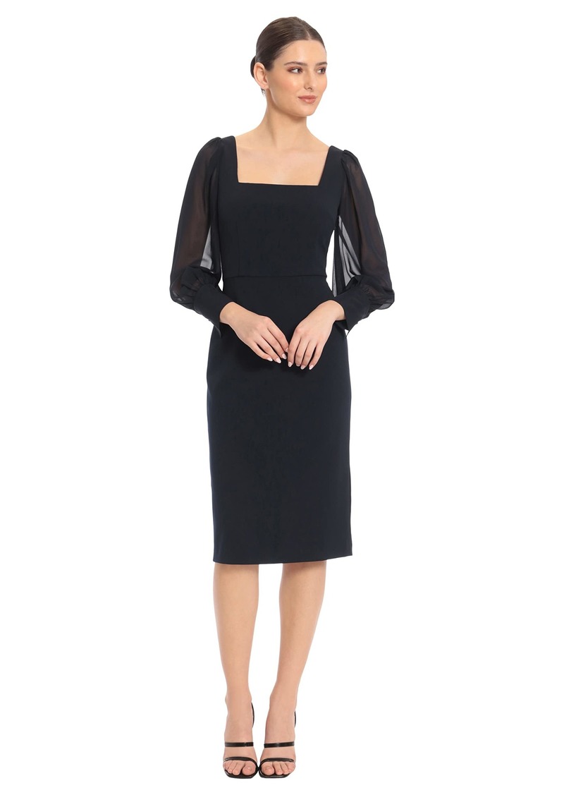 Maggy London Women's Square Neck Dress with Sheer Long Puff Sleeves