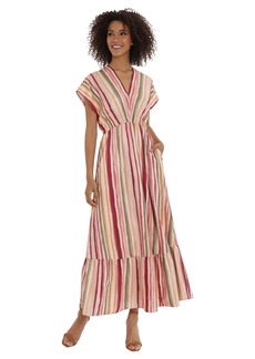 Maggy London Women's Stripe Printed Short Dolman Sleeved V-Neck Tier Hem Maxi with Smocked Waist and Tie Back