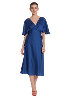 Maggy London Women's V-Neck Flutter Cape Look Sleeve Midi Dress with Twist Detail at Front Waist and Tie Back