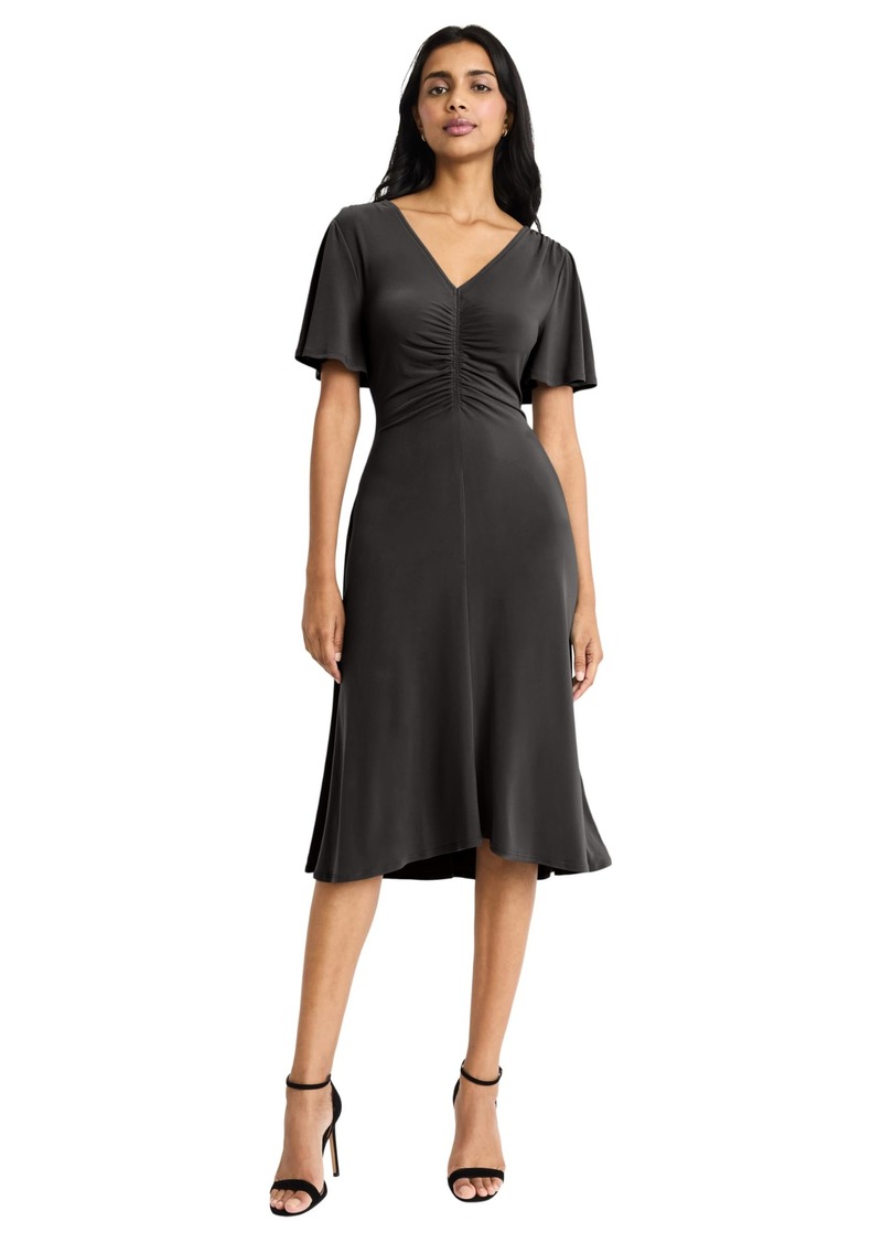 Maggy London Women's V-Neck Flutter Sleeve Midi Ruched Bodice and A-Line Skirt-Elegant Wedding Guest Cocktail Dresses Black