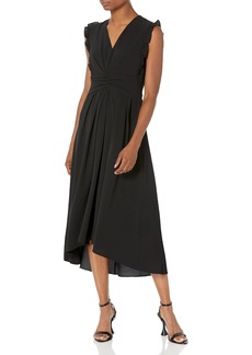 Maggy London Women's V-Neck Hi-Lo Midi Dress with Gathered Waist and Ruffle Details