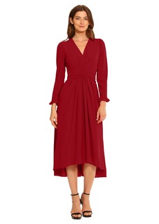 Maggy London Women's V-Neck Hi-Lo Midi Dress with Gathered Waist and Ruffle Details Long SLV-Equestrian Red