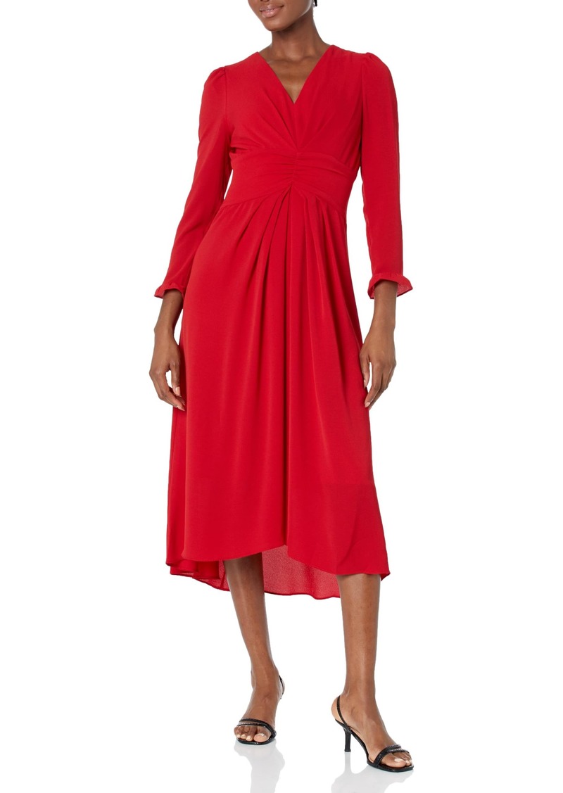 Maggy London Women's V-Neck Hi-Lo Midi Dress with Gathered Waist and Ruffle Details Long SLV-Equestrian Red