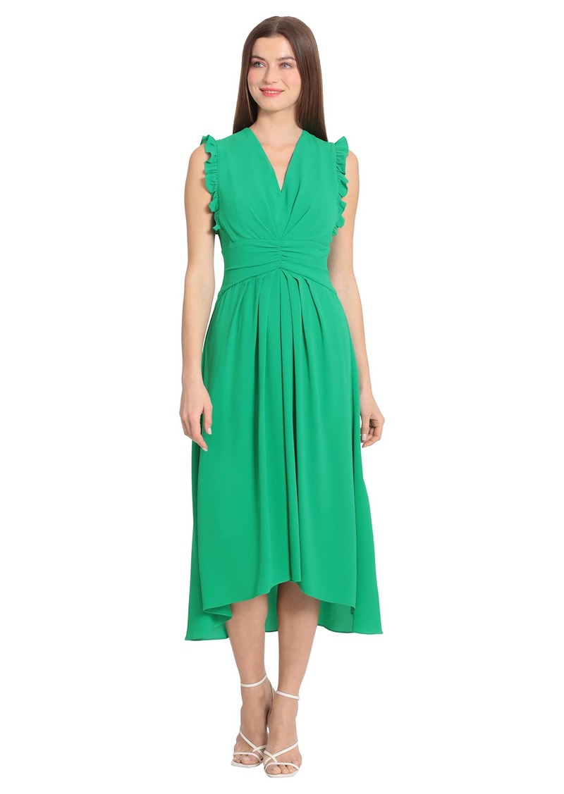 Maggy London Women's V-Neck Hi-Lo Midi Dress with Gathered Waist and Ruffle Details