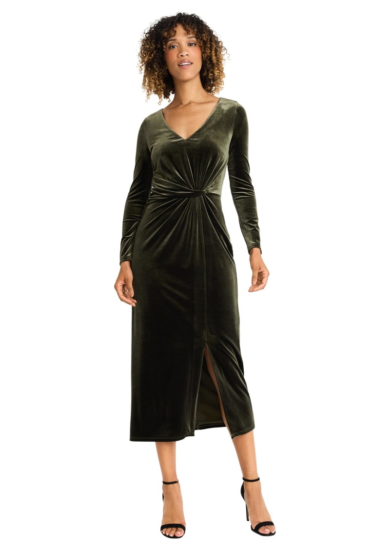 Maggy London Women's V Neck MIDI Dress W/Draped Knot at Waist and Slit