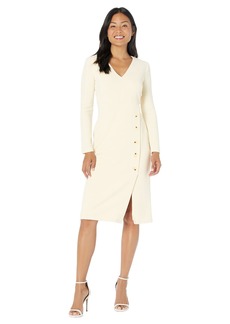 Maggy London Women's V-Neck Midi with Side Skirt Buttons Detail