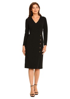 Maggy London Women's V-Neck Midi with Side Skirt Buttons Detail