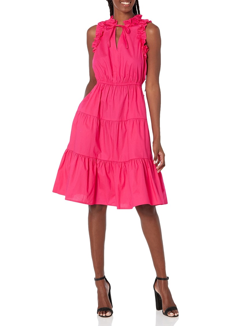 Maggy London Women's Petite V-Neck Tiered Skirt Dress with Tie and Ruffle Details  8P