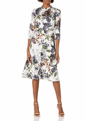 Maggy London Women's Winter Rose Print Ruffle Neck 3/4 Sleeve fit and Flare Dress