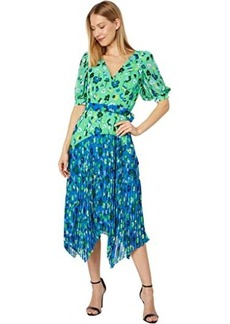 Maggy London Short Puff Sleeve with Belt At Waist and Pleated High-Low Skirt