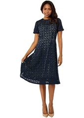 Maggy London Short Sleeve A-Line Midi Dress with Jewel Neck