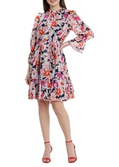 Maggy London Floral Smocked Ruffle Long Sleeve Chiffon Dress in Navy/Raspberry at Nordstrom