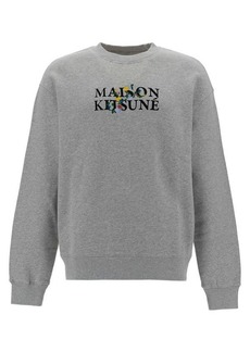 Maison Kitsuné Grey Crewneck Sweater with Logo and Flower Embroidery in Cotton Man