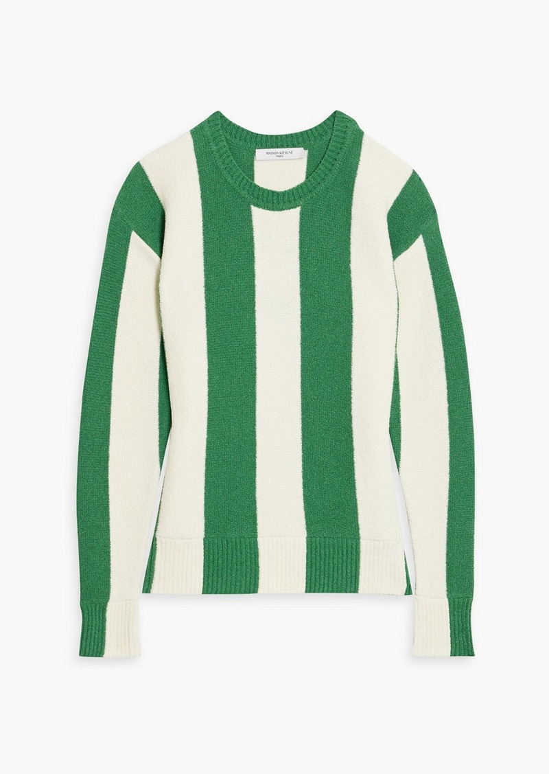 Maison Kitsuné - Embroidered striped bouclé-knit cotton-blend sweater - Green - S