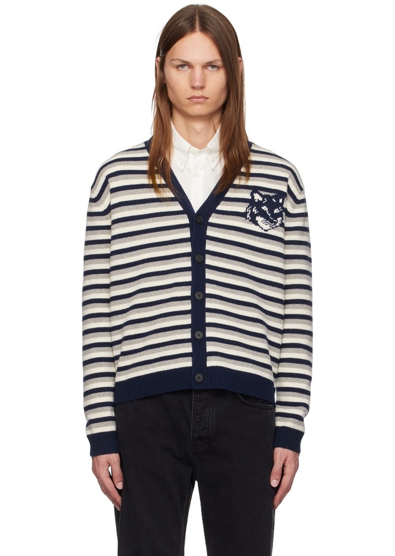 Maison Kitsuné Navy Fox Head Intarsia Striped Cardigan