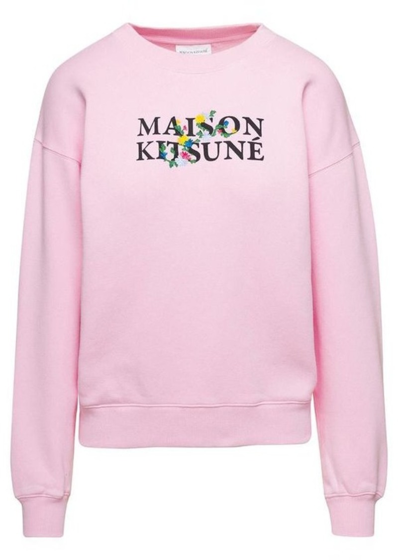 Maison Kitsuné Pink Crewneck Sweatshirt with Front Logo Print in Cotton Woman