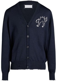 MAISON MARGIELA WOOL CARDIGAN WITH EMBROIDERED CAT