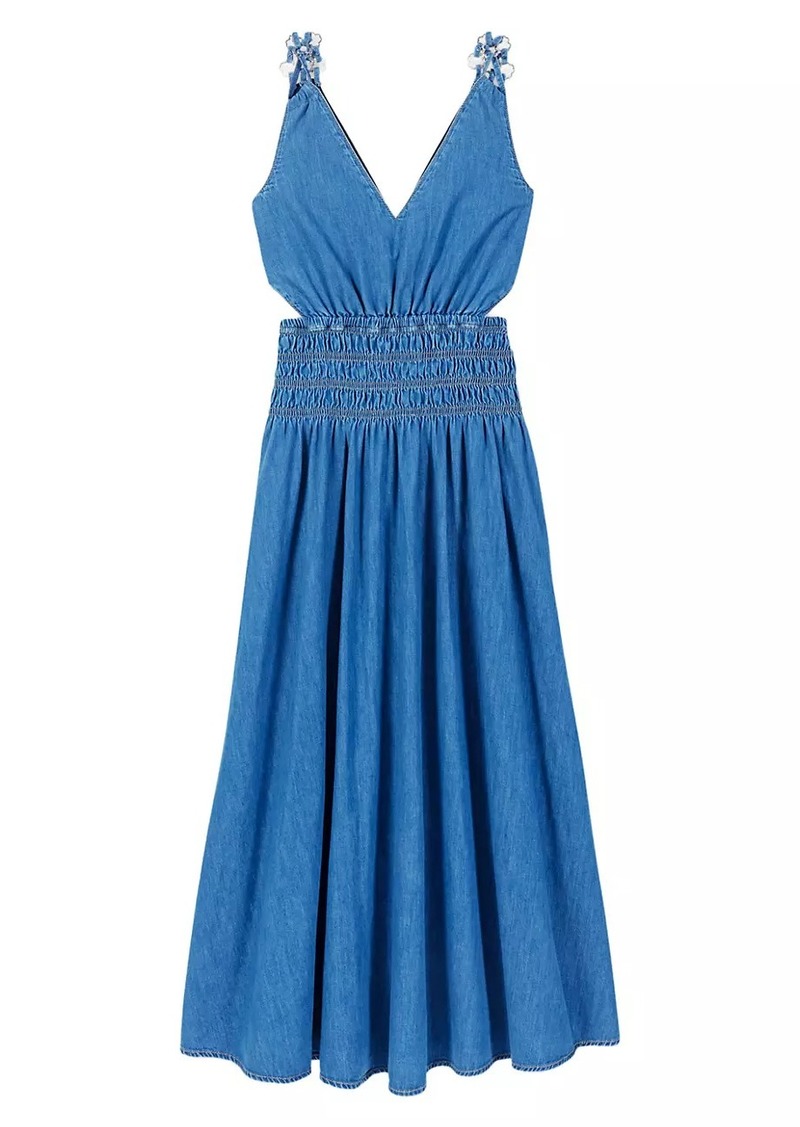 Maje Cutaway Denim Midi Dress