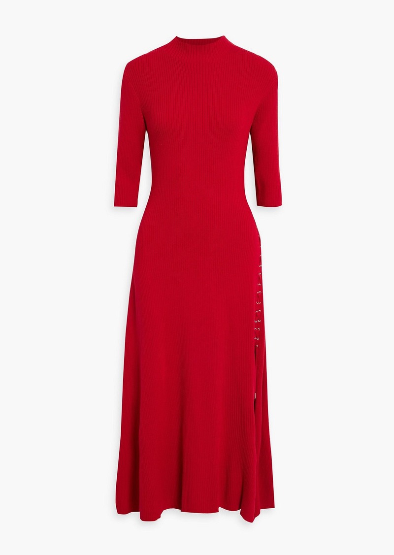 Maje - Lace-up ribbed wool-blend midi dress - Red - FR 42