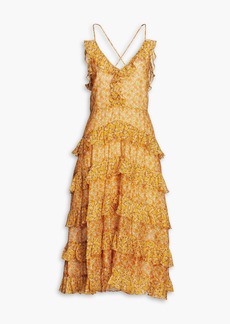 Maje - Ruffled floral-print cotton-poplin midi dress - Orange - FR 34