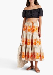 Maje - Tiered embroidered cotton and linen-blend twill midi skirt - Neutral - FR 34