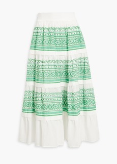 Maje - Tiered embroidered cotton-jacquard midi skirt - Green - FR 36