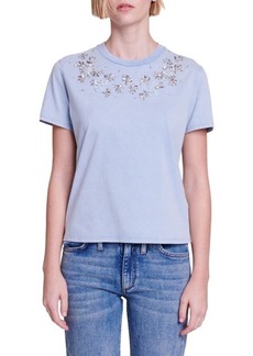 maje Floral Rhinestone Cotton T-Shirt