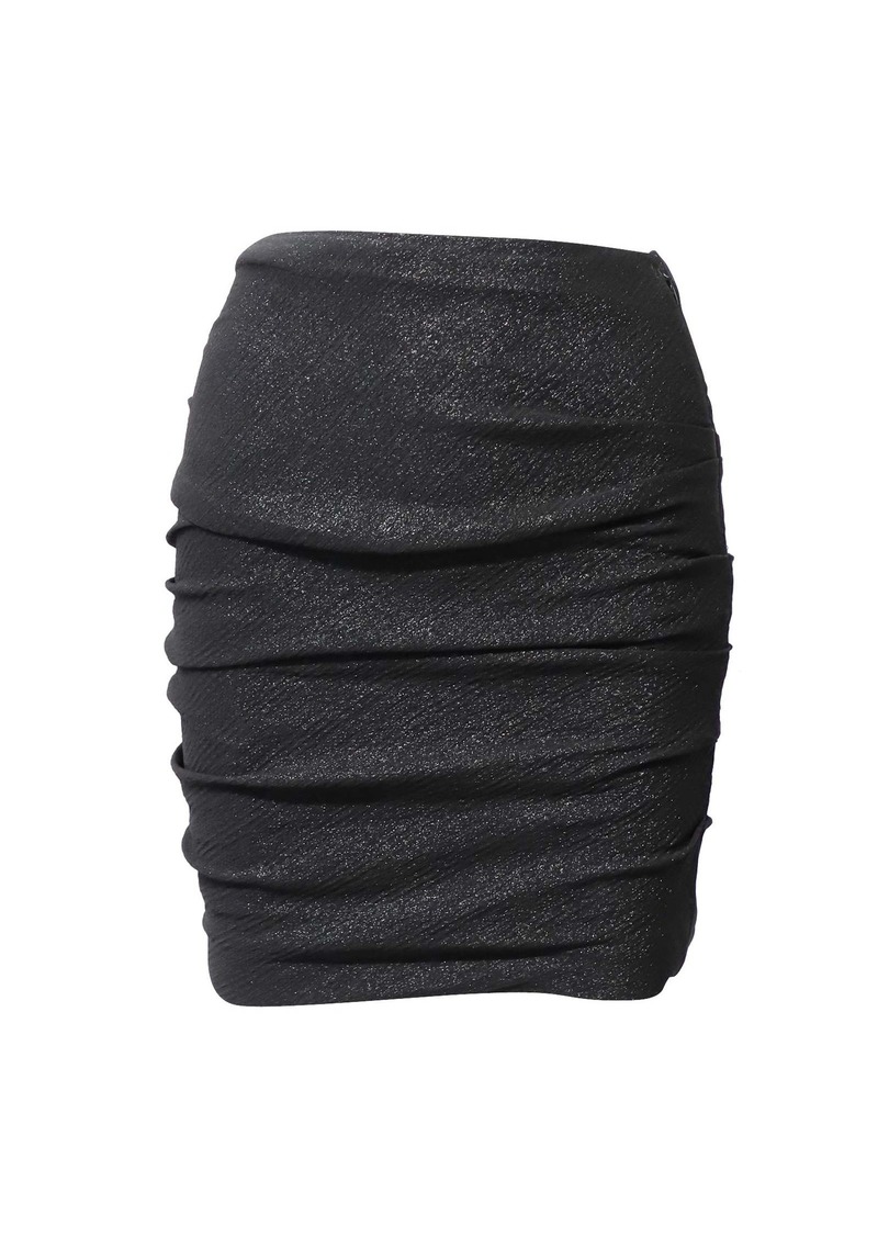 Maje Gathered Glittery Mini Skirt in Metallic Black Polyester