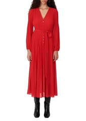 maje Long Sleeve Pleated Dress in Red at Nordstrom