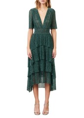 maje Metallic Thread Plunge Neck High/Low Dress in Green at Nordstrom